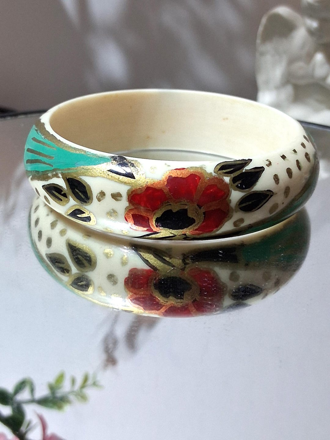 Vintage 80s Floral Bangle • Hand Painted Resin Bracelet • Retro 1980s ...