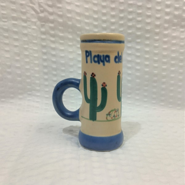 Vintage Playa Del Carmen Mexico Handmade Hand Painted Cactus Pottery Shot Glass