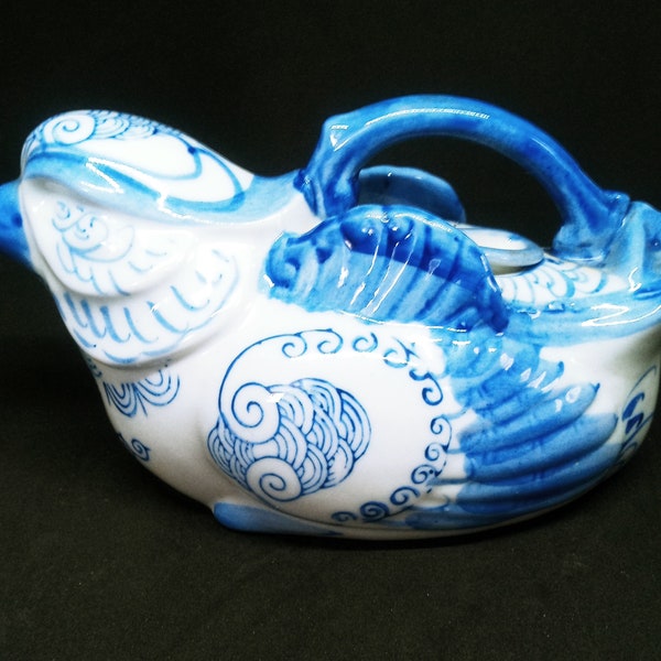 Vintage Oriental Blue and White Figural Bird Teapot