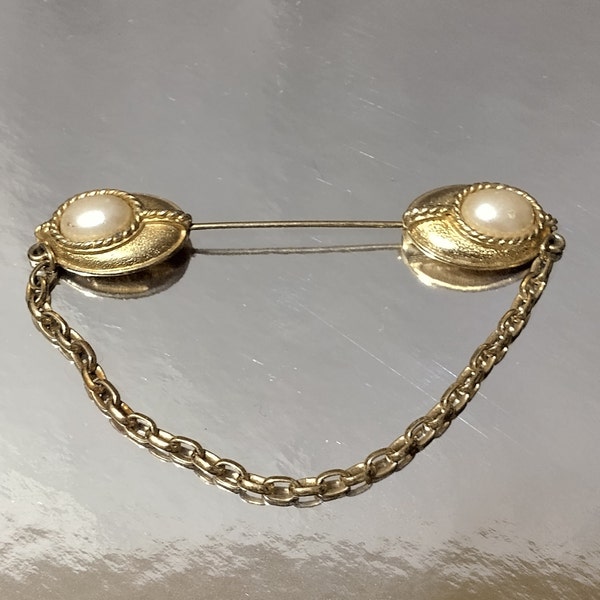 Vintage Gold and Pearl Cabochon Monet Collar Brooch with Dangling Chain