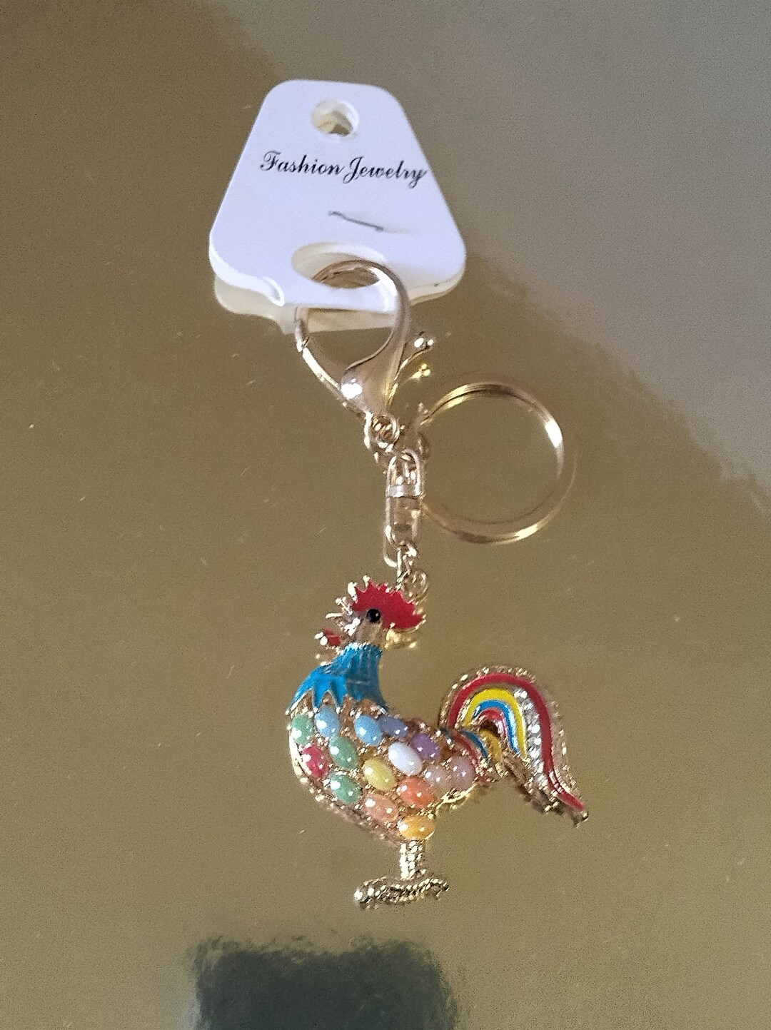Gold Enamel Rooster Keychain Lobster Claw Key Ring Dangle Organizer