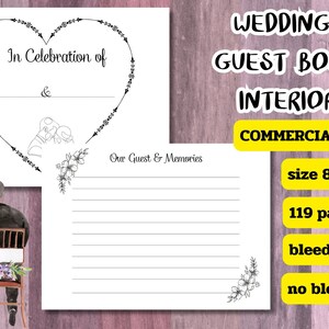 KDP  Wedding Guest Book Interior V3, Size 8.25x6, 119 Pages, Commercial Use