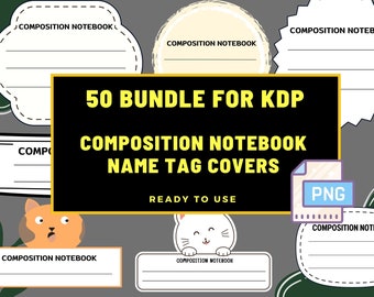 50 KDP Composition Notebook Name Tag Covers – PNG Bundle, Ready to Use