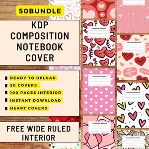 50 Buddle KDP Cute Heart Composition Notebook Cover Size 7.5x9.25