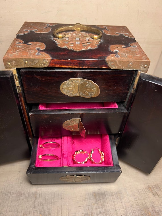 Antique Chinese Wood Brass Jewelry Box Cabinet, Vi