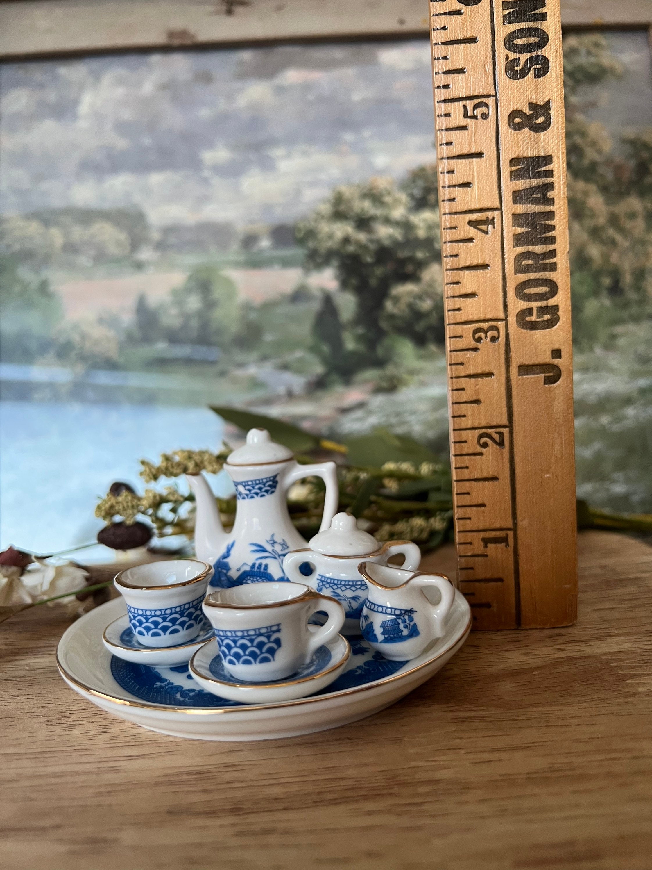 Vintage Miniature Blue Willow Tea Set W/ Tray 10 Pc Blue & Etsy