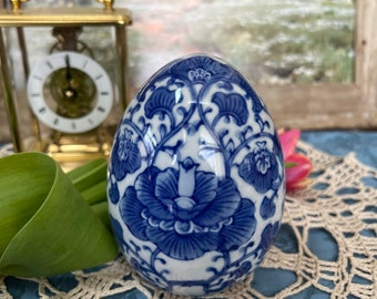 Vintage Porcelain Chinoserie Egg, White and Blue Floral Design, Spring Decor, Grand Millennial, Modern Cottage