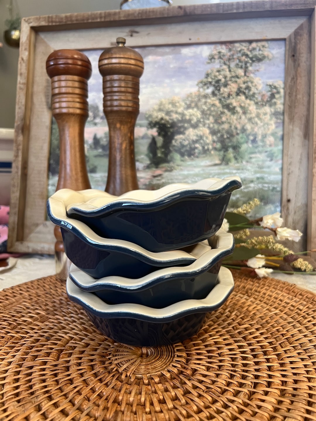 Emile Henry Blue Ruffled Pie Dish set of 4 Fluted Deep Dish Pie Plate, Country Kitchen, Cottage