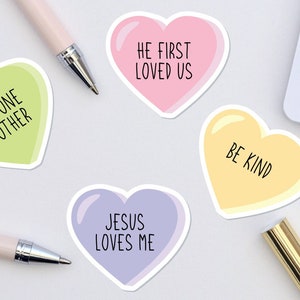 Religious Conversation Hearts Waterproof Stickers Valentine's Day Gift | Love One Another | He First Loved Us | Be Kind | Jesus Loves Me