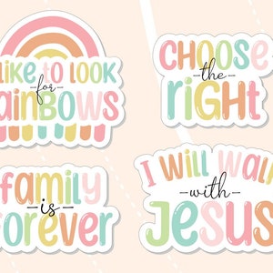 Pegatinas LDS Christian Children Primary / Me gusta buscar arcoíris, Elige lo correcto, Caminaré con Jesús, La familia es eterna Bautismo