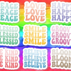 Groovy Schrift anpassbare Wort Aufkleber - ~ 2 "- Glückliche Liebe Frieden Gesegnetes Lächeln Blüte Be Kind Believe Groovy - Journaling Gifting - 9er SET