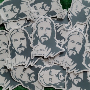 Jezus Christus-stickers met citaat | Hoor hem | Hij leeft | Kom en volg mij | Aangepaste offerte | Perfect voor dagboek, bidon, laptop, telefoonhoesje