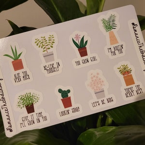 Pegatinas de vinilo divertidas y motivadoras con frases sobre plantas para llevar un diario, para portátil o cuaderno ~ Juego de 8 ~ Cactus, aloe vera, flores de helecho ~ Resistente al agua y al desgarro