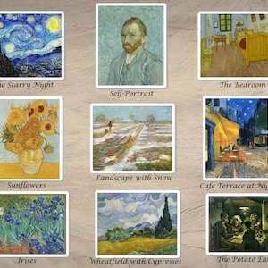 Pegatinas de pinturas de Van Gogh - Mate resistente al agua - Perfectas para botellas, portátiles - Noche estrellada, girasoles y más - Pegatinas de pintura al óleo de artistas
