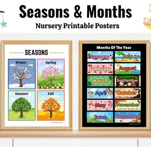 Maanden van het jaar poster, seizoenen poster, afdrukbare maanden grafiek, seizoenen grafiek, Montessori voorschoolse Homeschool decor kinderkamer, digitaal