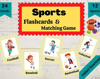 24 Sports Flashcards and Matching Game for Kids, Association Card, Printable Activity, Preschool, Kindergarten, Instant Download, Printable