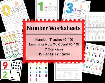 Number Tracing Worksheets 0-10, Preschool Math Printable for Toddlers and Pre-k, Learning how to count, digital, Homeschool, Kindergarten