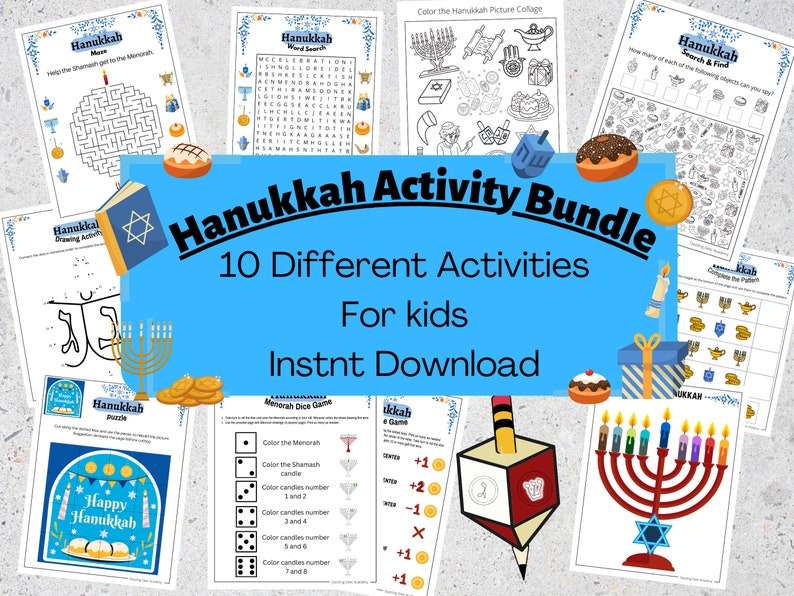 Hanukkah Activity Pack & Game Bundle for Kids Menorah Art and Craft, Dreidel Origami, Party