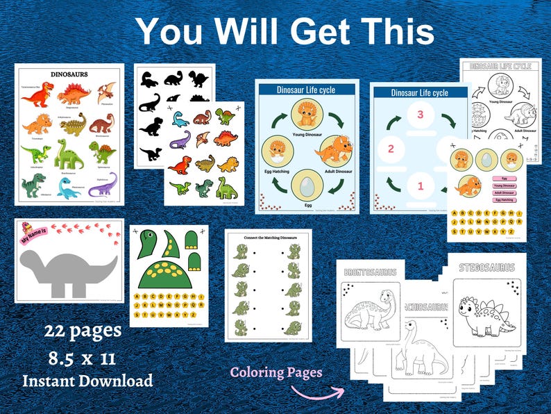 May include: A set of 22 printable dinosaur-themed educational worksheets for kids. The worksheets include coloring pages, life cycle diagrams, matching activities, and a dinosaur cut-and-paste activity. The worksheets are 8.5 inches by 11 inches.