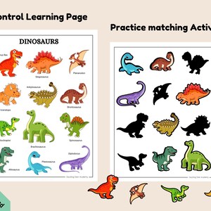 May include: A printable worksheet for kids to learn about dinosaurs. The left side of the page features a colorful illustration of 12 different dinosaurs with their names. The right side of the page has a matching activity where kids can match the silhouettes of the dinosaurs to the colored illustrations.
