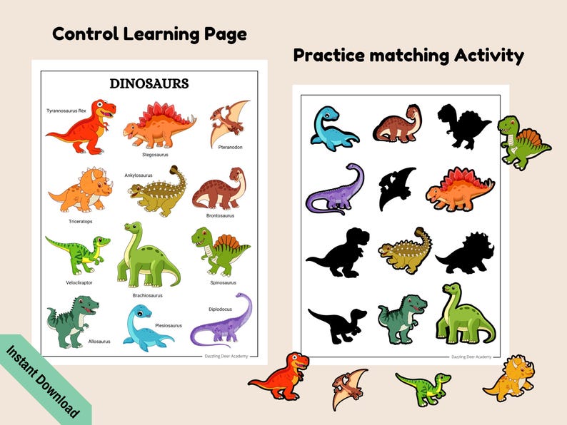 May include: A printable worksheet for kids to learn about dinosaurs. The left side of the page features a colorful illustration of 12 different dinosaurs with their names. The right side of the page has a matching activity where kids can match the silhouettes of the dinosaurs to the colored illustrations.