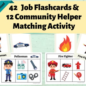 42 Occupation / Job Flashcards & 12 Community Helper Matching by Association Game For Kids, Printable Activity, Preschool, Kindergarten
