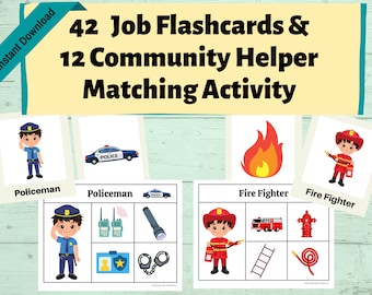 42 Occupation / Job Flashcards & 12 Community Helper Matching by Association Game For Kids, Printable Activity, Preschool, Kindergarten