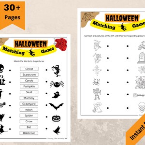 May include: A Halloween-themed matching game with the text "Halloween Matching Game" and "Instant Download". The game features illustrations of ghosts, spiders, and other spooky images. The words to match are listed on the left.