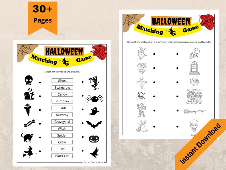 May include: A Halloween-themed matching game with the text "Halloween Matching Game" and "Instant Download". The game features illustrations of ghosts, spiders, and other spooky images. The words to match are listed on the left.