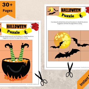 May include: Two Halloween-themed puzzles with the text "Halloween Puzzle". One puzzle features a witch's legs in a cauldron, the other shows bats flying in front of a full moon. The puzzles are designed to be cut out and reassembled. The words "30+ Pages" and "Instant Download" are also visible.