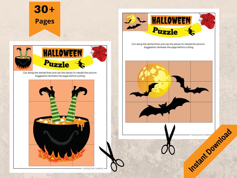 May include: Two Halloween-themed puzzles with the text "Halloween Puzzle". One puzzle features a witch's legs in a cauldron, the other shows bats flying in front of a full moon. The puzzles are designed to be cut out and reassembled. The words "30+ Pages" and "Instant Download" are also visible.
