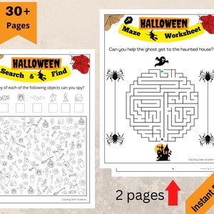 May include: Halloween-themed activity pages. One page features a "Search & Find" game with Halloween objects. The other page is a maze with a haunted house theme. The image includes the text "30+ Pages", "2 pages", and "Instant Download".