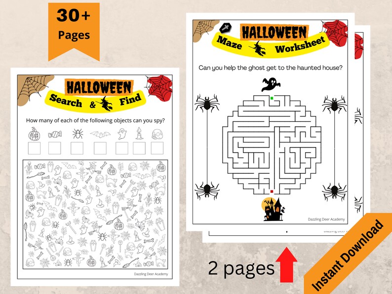 May include: Halloween-themed activity pages. One page features a "Search & Find" game with Halloween objects. The other page is a maze with a haunted house theme. The image includes the text "30+ Pages", "2 pages", and "Instant Download".