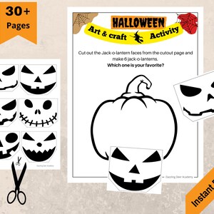 May include: A Halloween art and craft activity sheet with a pumpkin outline and various Jack-o-lantern face cutouts. The text reads "Halloween Art & Craft Activity" and "Instant Download". Includes the text "30+ Pages".