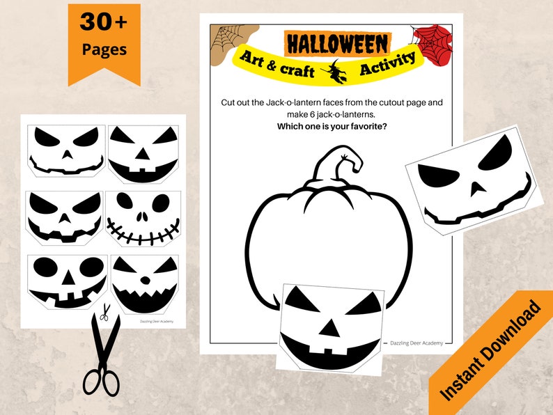 May include: A Halloween art and craft activity sheet with a pumpkin outline and various Jack-o-lantern face cutouts. The text reads "Halloween Art & Craft Activity" and "Instant Download". Includes the text "30+ Pages".