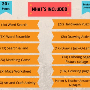 May include: A digital download graphic with the text "WHAT'S INCLUDED" in red. The image lists various Halloween-themed activities, including word searches, puzzles, drawing activities, and coloring pages. The image also states "20+ Pages" and "Instant Download".