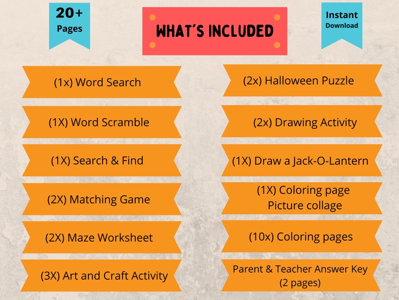 May include: A digital download graphic with the text "WHAT'S INCLUDED" in red. The image lists various Halloween-themed activities, including word searches, puzzles, drawing activities, and coloring pages. The image also states "20+ Pages" and "Instant Download".