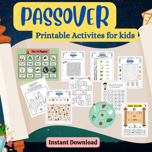 Printable Passover Activity Book For Kids, Pesach Activity Pages, Maze 10 Plagues, Coloring Pages, Seder Plate Dice Game, I spy, Word Search