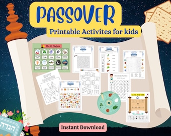 Printable Passover Activity Book For Kids, Pesach Activity Pages, Maze 10 Plagues, Coloring Pages, Seder Plate Dice Game, I spy, Word Search