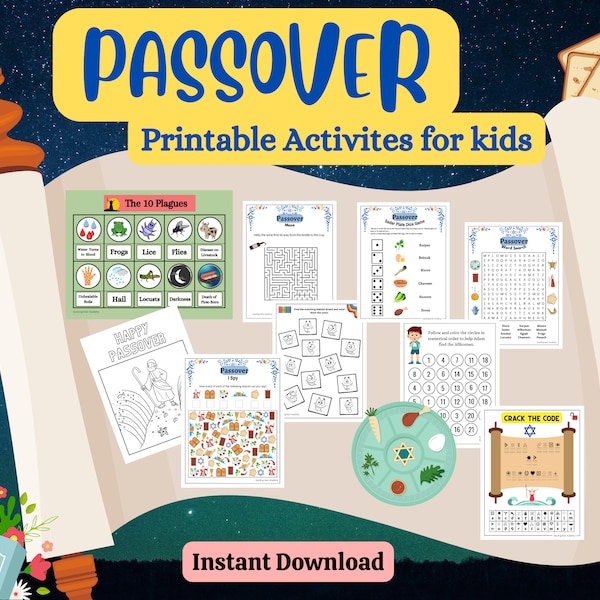 Printable Passover Activity Book For Kids, Pesach Activity Pages, Maze 10 Plagues, Coloring Pages, Seder Plate Dice Game, I spy, Word Search