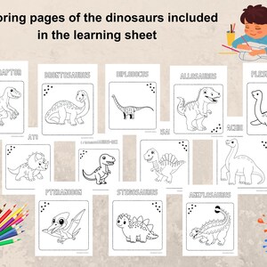 May include: Black and white coloring pages featuring different dinosaurs, including Velociraptor, Brontosaurus, Diplodocus, Allosaurus, Plesiosaurus, Pteranodon, Stegosaurus, and Ankylosaurus. The pages are labeled with the dinosaur's name.