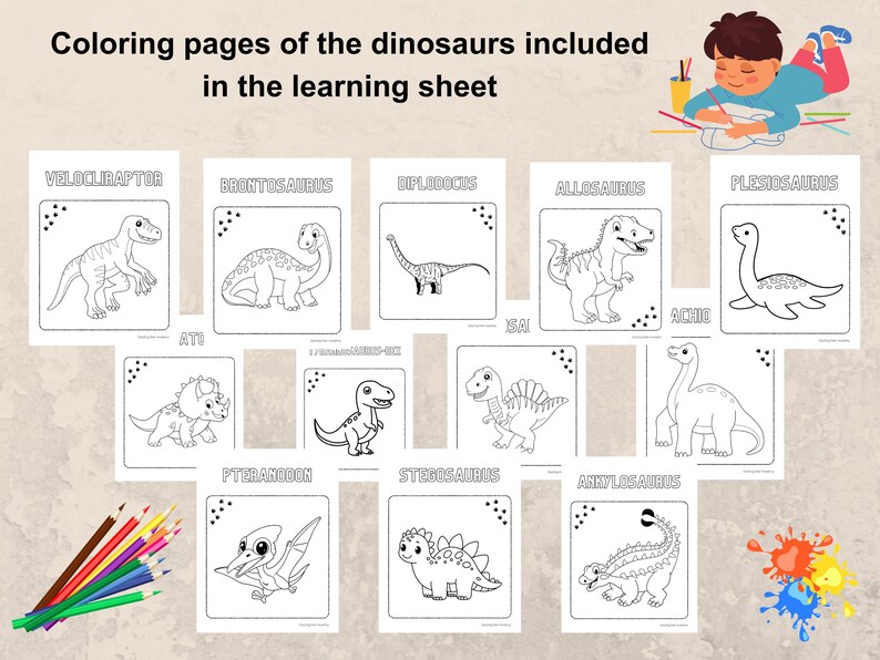 May include: Black and white coloring pages featuring different dinosaurs, including Velociraptor, Brontosaurus, Diplodocus, Allosaurus, Plesiosaurus, Pteranodon, Stegosaurus, and Ankylosaurus. The pages are labeled with the dinosaur's name.