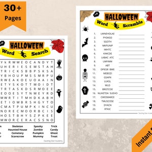 May include: Two-page Halloween-themed activity sheets. One page features a word search with Halloween-related words, and the other is a word scramble. Includes a banner that says "30+ Pages" and "Instant Download".