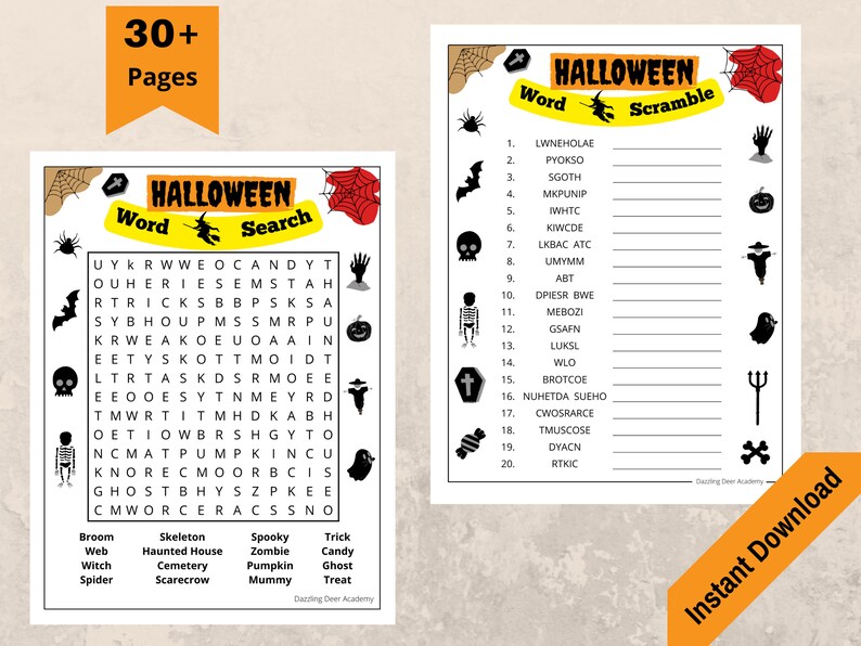 May include: Two-page Halloween-themed activity sheets. One page features a word search with Halloween-related words, and the other is a word scramble. Includes a banner that says "30+ Pages" and "Instant Download".