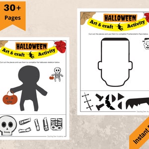May include: Two-page Halloween art and craft activity sheets. One sheet features a skeleton silhouette with a pumpkin and a skeleton. The other sheet has a Frankenstein face outline and cut-out pieces. Text reads "Halloween Art & Craft Activity."