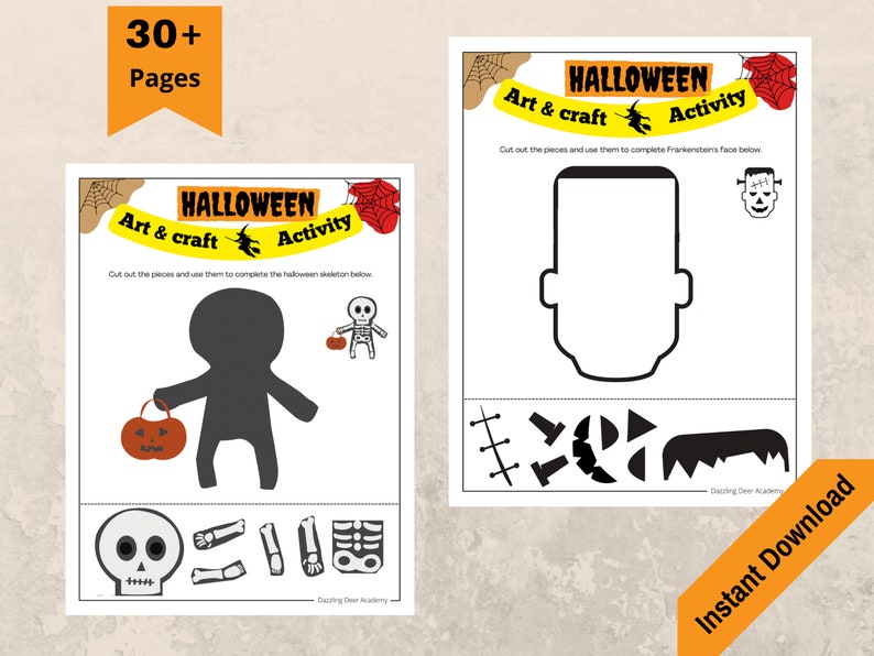 May include: Two-page Halloween art and craft activity sheets. One sheet features a skeleton silhouette with a pumpkin and a skeleton. The other sheet has a Frankenstein face outline and cut-out pieces. Text reads "Halloween Art & Craft Activity."