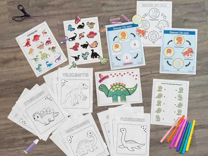 May include: A set of printable dinosaur-themed educational worksheets for kids. The worksheets include coloring pages, matching activities, and a dinosaur life cycle diagram. The worksheets are printed on white paper and feature colorful illustrations of dinosaurs.