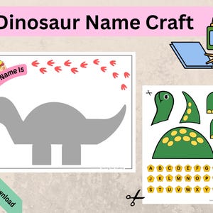 May include: A printable dinosaur name craft activity for kids. The craft includes a gray dinosaur outline, a green dinosaur to cut out and assemble, and a sheet of alphabet letters to use for writing a name.