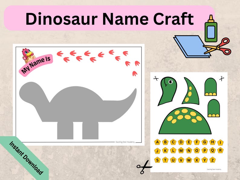 May include: A printable dinosaur name craft activity for kids. The craft includes a gray dinosaur outline, a green dinosaur to cut out and assemble, and a sheet of alphabet letters to use for writing a name.