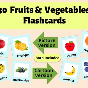 30 Tarjetas didácticas de frutas y verduras, Tarjetas didácticas Montessori con imágenes y dibujos animados para niños, Plan de estudios preescolar de descarga instantánea